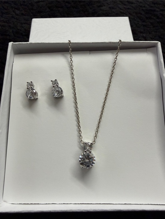 Jewelry - Classic Stainless Silver-Tone Clear CZ Necklace and Stud Earrings Set